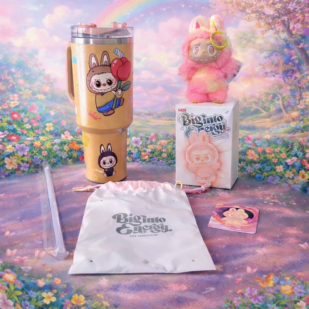 Big Into Energy Labubu Character with Tumbler - Yellow with Pink Accents